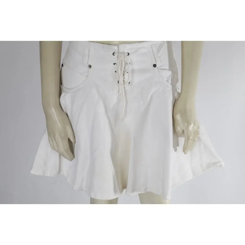 Vintage Contempo Casuals 90s White Lace-Up Front Drop-Waist Flare Mini Skirt S